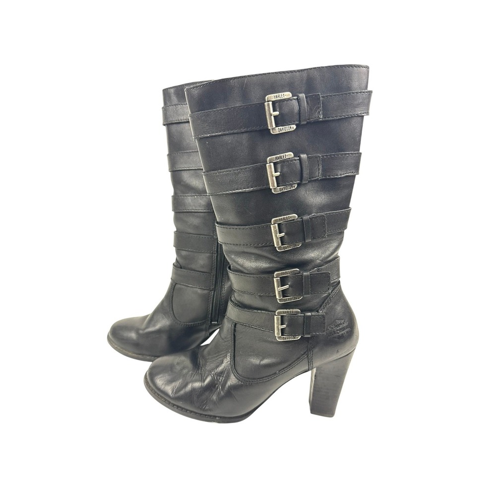 Harley Davidson Women Black Leather Multi Buckle Moto Boots D83513 Size 7.5